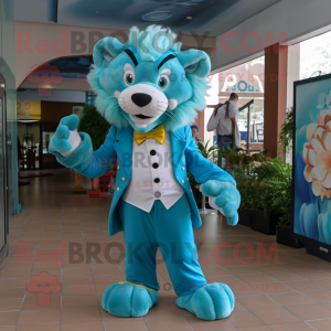 Cyan Lion maskot kostume...