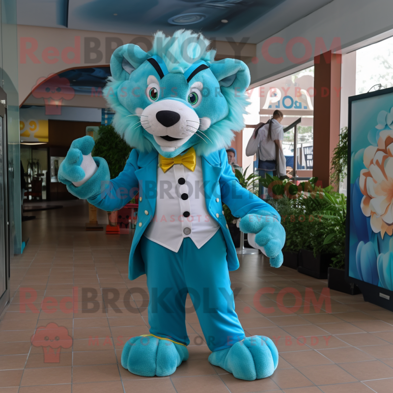 Cyan Lion mascot costume character dressed with a Dress and Bow ties Cyan Lion mascot costume character dressed with a Dress and Bow ties