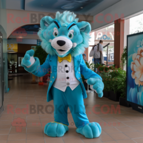 Cyan Lion mascot costume character dressed with a Dress and Bow ties