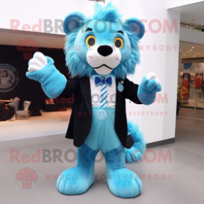 Cyan Lion mascot costume character dressed with a Dress and Bow ties