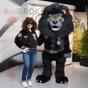 Black Tamer Lion mascot costume character dressed with a Mom Jeans and Lapel pins