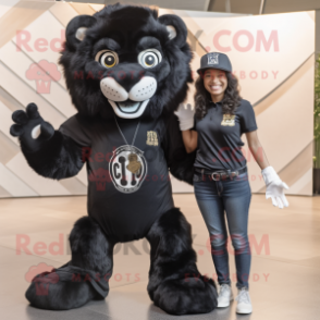 Black Tamer Lion mascot costume character dressed with a Mom Jeans and Lapel pins