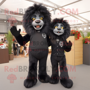Black Tamer Lion mascot costume character dressed with a Mom Jeans and Lapel pins
