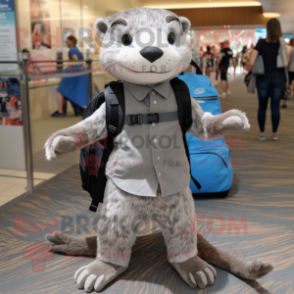 Gray Otter mascot costume character dressed with a Dress Pants and Backpacks