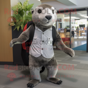 Gray Otter mascot costume character dressed with a Dress Pants and Backpacks