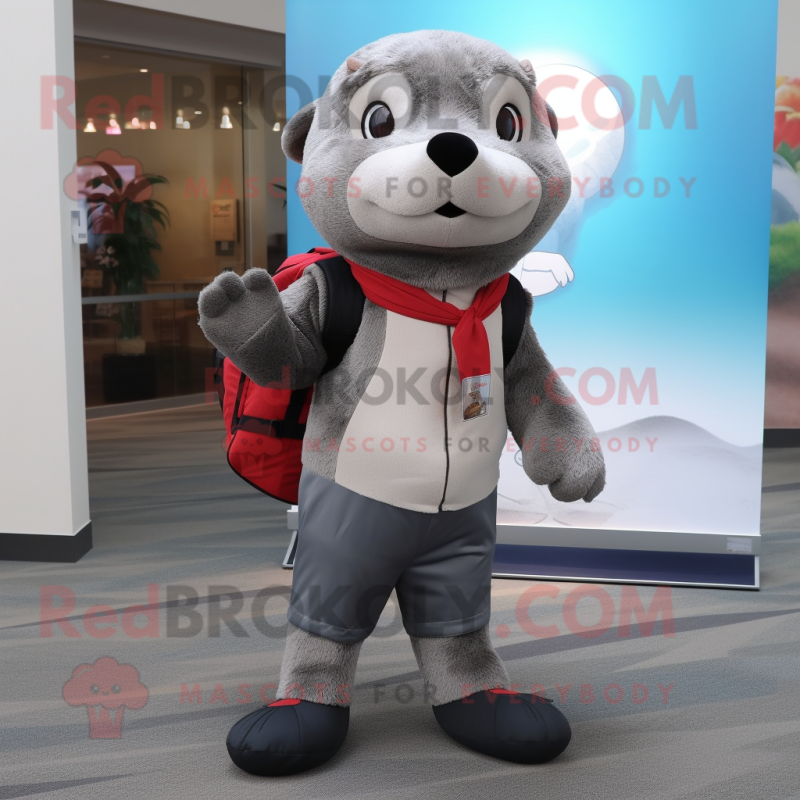 Gray Otter mascot costume character dressed with a Dress Pants and Backpacks Gray Otter mascot costume character dressed with a Dress Pants and Backpacks