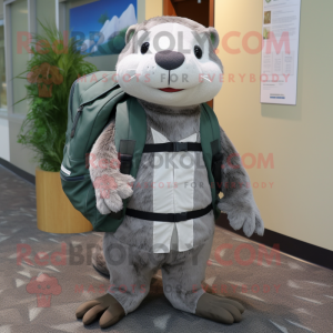 Gray Otter mascot costume character dressed with a Dress Pants and Backpacks