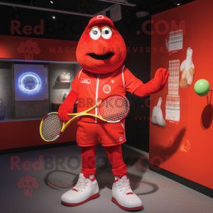 Red Tennis Racket mascot costume character dressed with a Dungarees and Brooches