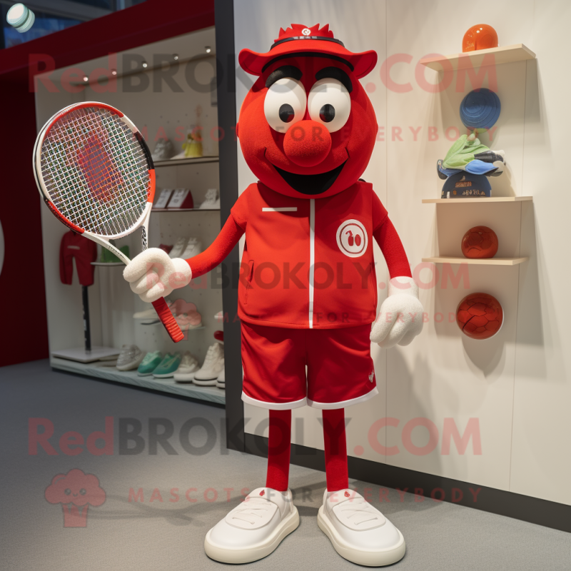 Red Tennis Racket mascot costume character dressed with a Dungarees and Brooches