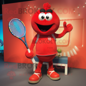 Red Tennis Racket mascot costume character dressed with a Dungarees and Brooches