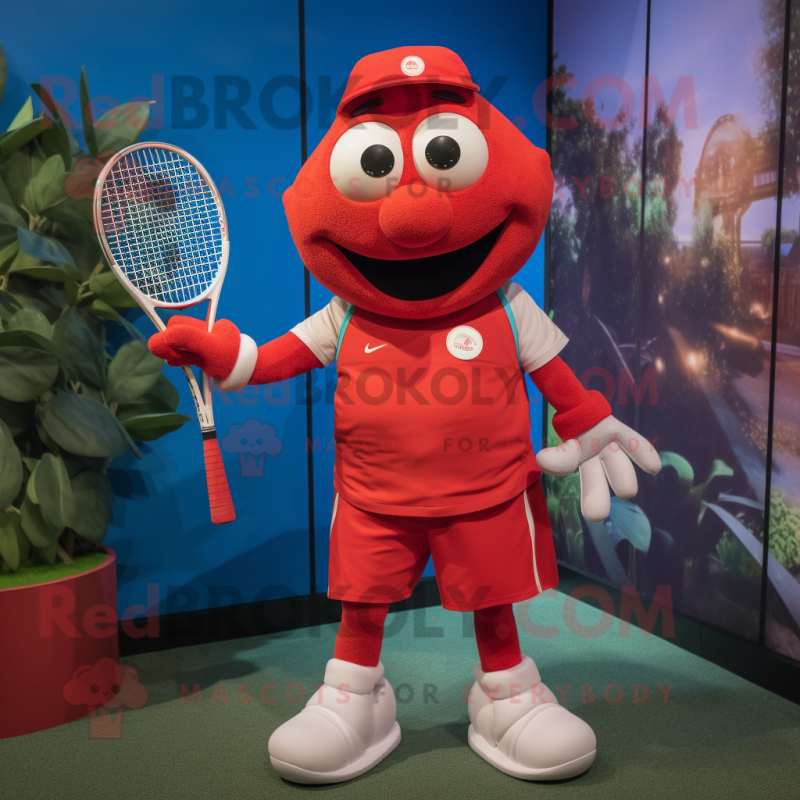 Red Tennis Racket mascot costume character dressed with a Dungarees and Brooches Red Tennis Racket mascot costume character dressed with a Dungarees and Brooches