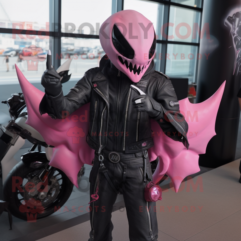 Pink Manta Ray mascot costume character dressed with a Biker Jacket and Wraps