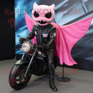 Pink Manta Ray mascot costume character dressed with a Biker Jacket and Wraps
