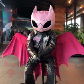 Pink Manta Ray mascot costume character dressed with a Biker Jacket and Wraps