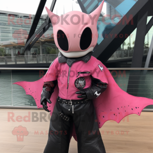 Pink Manta Ray mascot costume character dressed with a Biker Jacket and Wraps