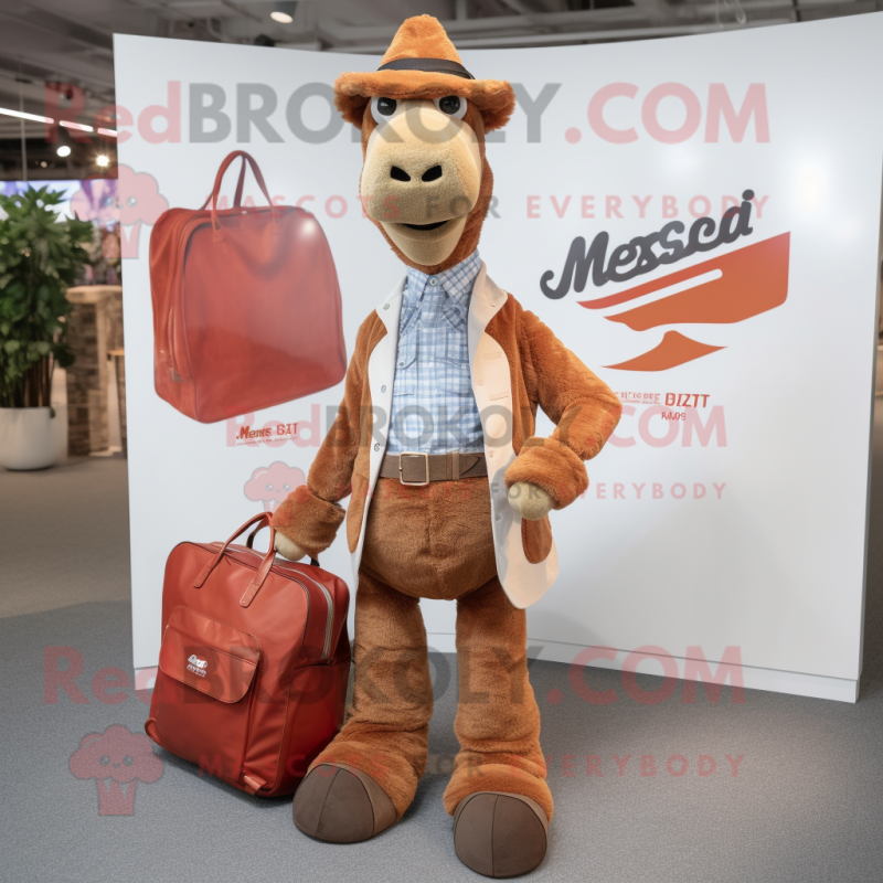 Rust Camel mascot costume character dressed with a Blazer and Tote bags