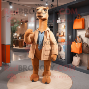 Rust Camel mascot costume character dressed with a Blazer and Tote bags