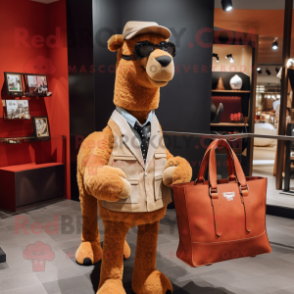 Rust Camel mascot costume character dressed with a Blazer and Tote bags
