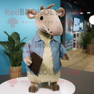 Tan Tapir mascot costume character dressed with a Chambray Shirt and Clutch bags