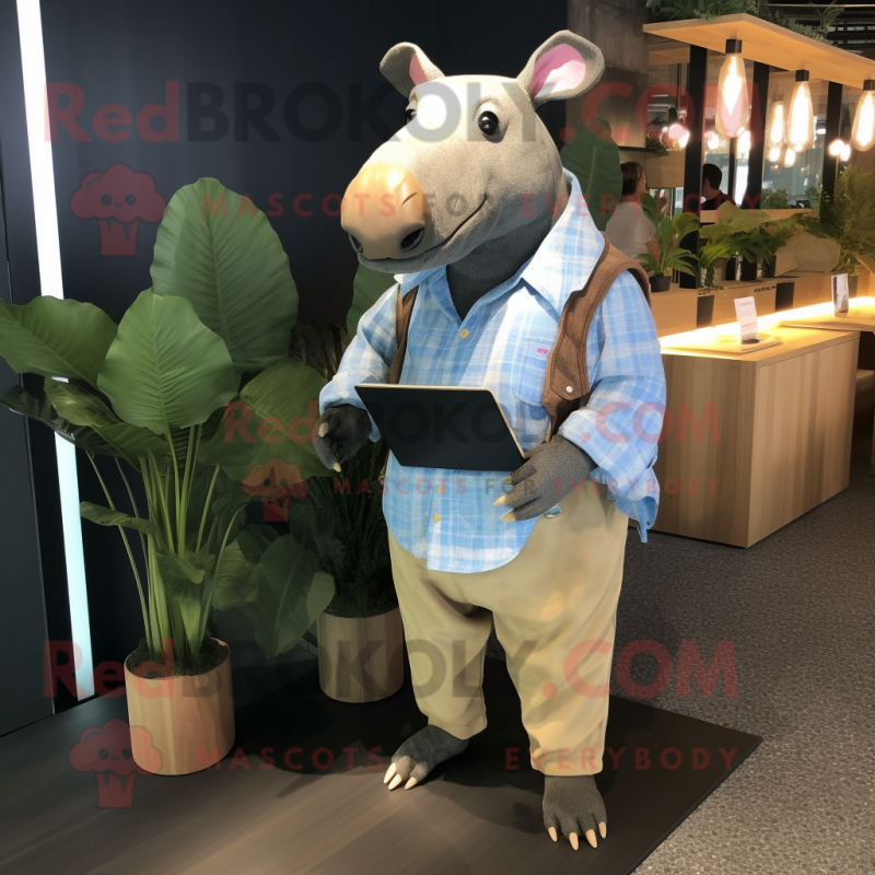 Tan Tapir mascot costume character dressed with a Chambray Shirt and Clutch bags