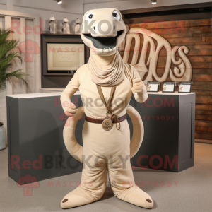 Beige Titanoboa mascot costume character dressed with a Henley Tee and Tie pins