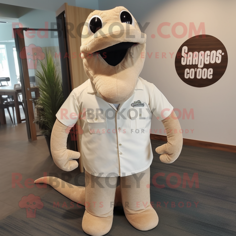 Beige Titanoboa mascot costume character dressed with a Henley Tee and Tie pins