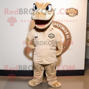 Beige Titanoboa mascot costume character dressed with a Henley Tee and Tie pins
