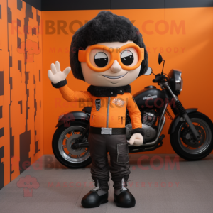 Orange Commando mascot costume character dressed with a Biker Jacket and Hair clips