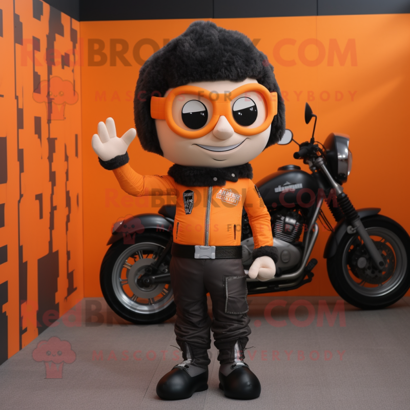 Orange Commando mascot costume character dressed with a Biker Jacket and Hair clips Orange Commando mascot costume character dressed with a Biker Jacket and Hair clips