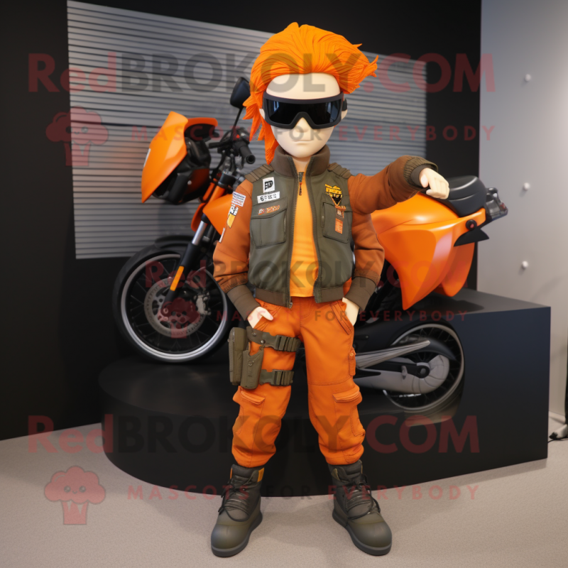 Orange Commando mascot costume character dressed with a Biker Jacket and Hair clips