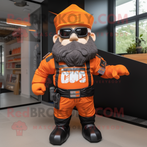 Orange Commando mascot costume character dressed with a Biker Jacket and Hair clips