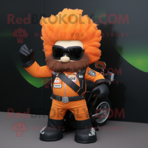 Orange Commando mascot costume character dressed with a Biker Jacket and Hair clips
