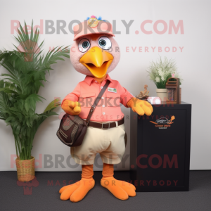 Peach Pheasant mascot costume character dressed with a Polo Shirt and Keychains