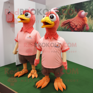 Peach Pheasant mascot costume character dressed with a Polo Shirt and Keychains