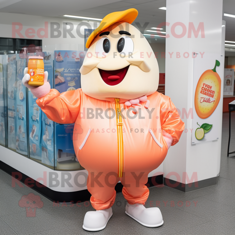 Peach Bottle Of Milk mascot costume character dressed with a Windbreaker and Earrings