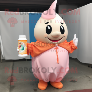 Peach Bottle Of Milk mascot costume character dressed with a Windbreaker and Earrings