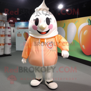 Peach Bottle Of Milk mascot costume character dressed with a Windbreaker and Earrings
