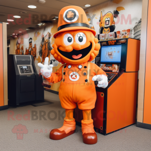 Orange Demon mascot costume character dressed with a Button-Up Shirt and Berets