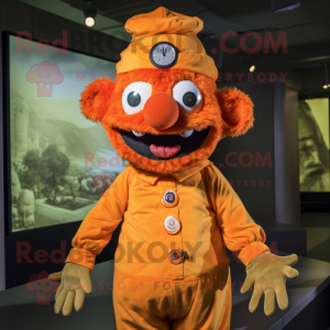 Orange Demon mascot costume character dressed with a Button-Up Shirt and Berets