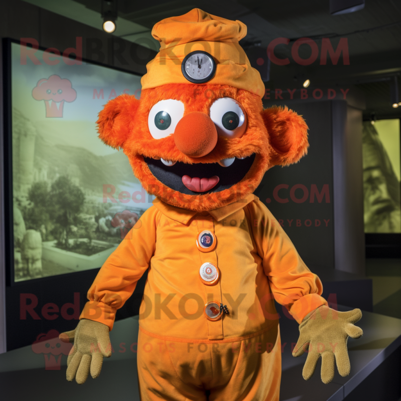 Orange Demon mascot costume character dressed with a Button-Up Shirt and Berets Orange Demon mascot costume character dressed with a Button-Up Shirt and Berets