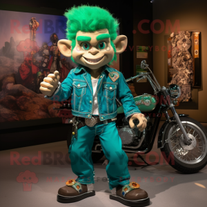 Turquoise Leprechaun mascot costume character dressed with a Moto Jacket and Cufflinks