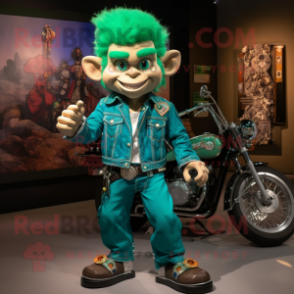 Turquoise Leprechaun mascot costume character dressed with a Moto Jacket and Cufflinks