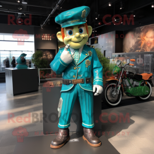 Turquoise Leprechaun mascot costume character dressed with a Moto Jacket and Cufflinks