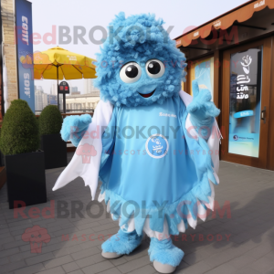 Sky Blue Fried Calamari mascot costume character dressed with a Windbreaker and Scarf clips