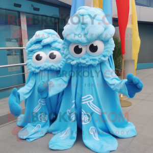 Sky Blue Fried Calamari mascot costume character dressed with a Windbreaker and Scarf clips