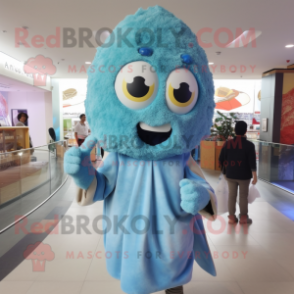 Sky Blue Fried Calamari mascot costume character dressed with a Windbreaker and Scarf clips