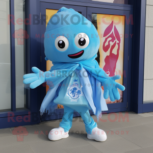 Sky Blue Fried Calamari mascot costume character dressed with a Windbreaker and Scarf clips