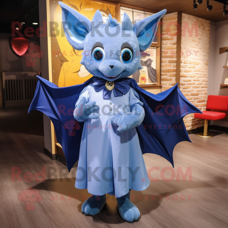 Blue Bat mascot costume character dressed with a A-Line Dress and Scarf clips Blue Bat mascot costume character dressed with a A-Line Dress and Scarf clips