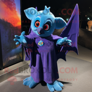 Blue Bat mascot costume character dressed with a A-Line Dress and Scarf clips