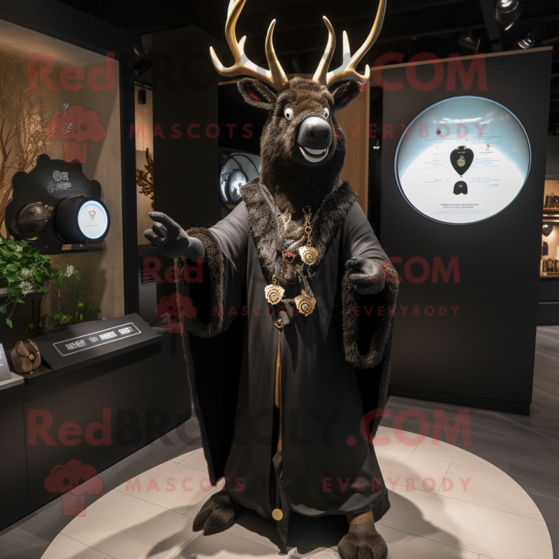 Black Deer mascot costume character dressed with a Coat and Rings Black Deer mascot costume character dressed with a Coat and Rings